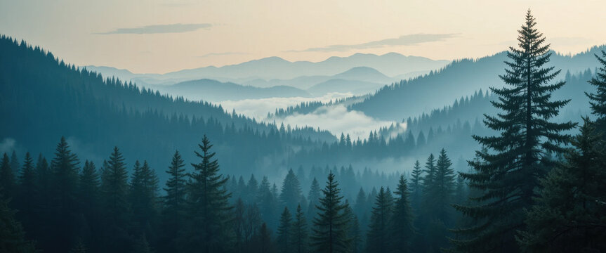 Serene morning mist mountain range landscape photography nature wide angle tranquility and beauty