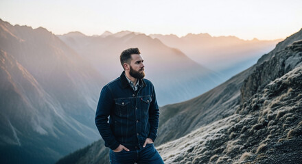 Man on mountain ridge at sunset