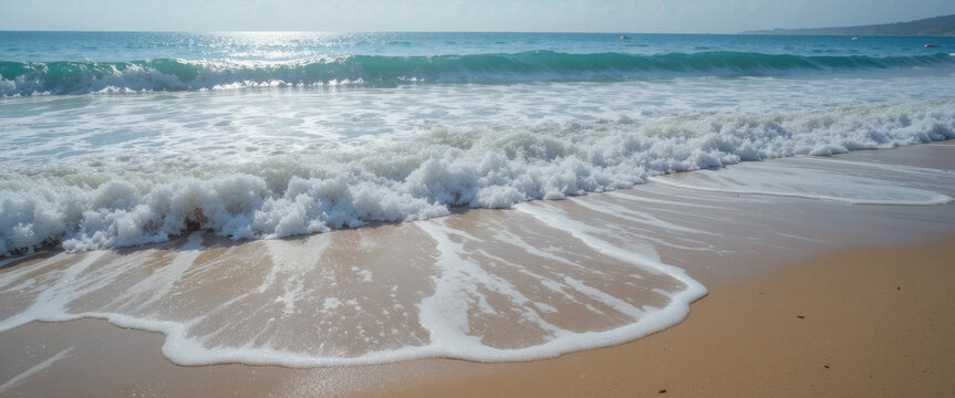 Waves crashing on sandy beach coastal landscape nature photography serene environment ocean view tranquility concept