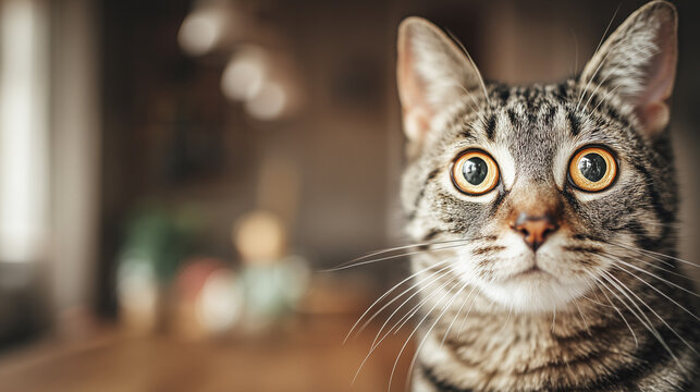 Skeptic surprised tabby cat with big eyes, close-up portrait. Funny side-looking cat with wide-eyed expression. Cute striped kitten with playful, startled look.
