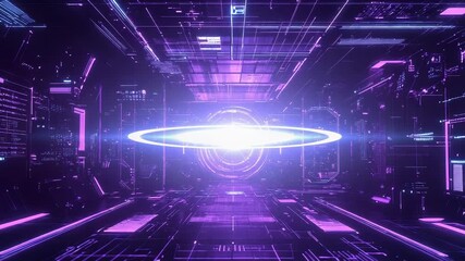 Futuristic digital computing corridor with glowing data portal - Powered by Adobe