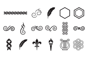 Collection of ornate black and white decorative design elements and flourishes