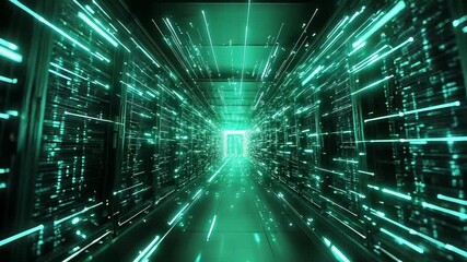 Digital data moving through server room network with light trails - Powered by Adobe