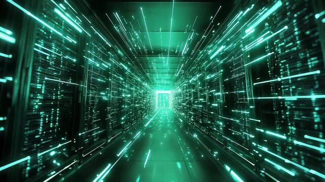 Digital data moving through server room network with light trails - Powered by Adobe