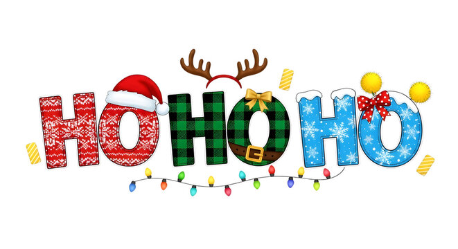 Ho ho ho text with christmas elements like santa hat, reindeer antlers, and festive lights