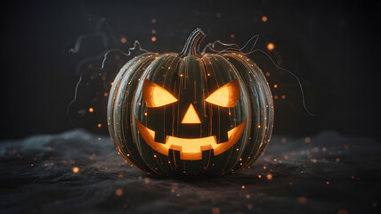 Eerie Jack O Lantern with Fiery Glow and Digital Sparks