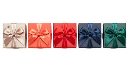 Five colorful small gift boxes with satin bows arranged in a row