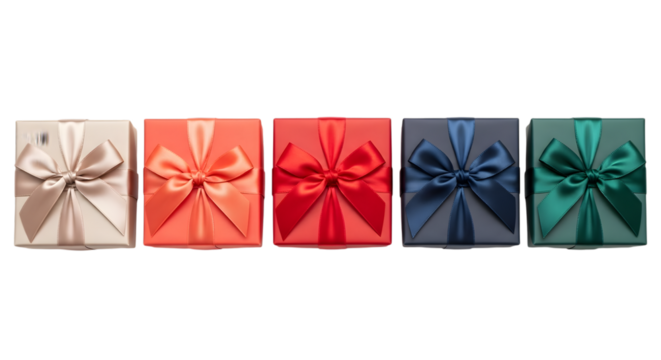 Five colorful small gift boxes with satin bows arranged in a row