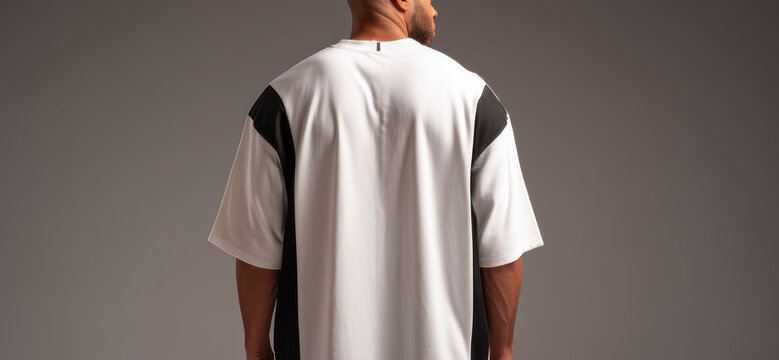 A man stands facing away while wearing a plain white T shirt in soft studio lighting. The clean back view creates a simple layout ideal for apparel mockups.