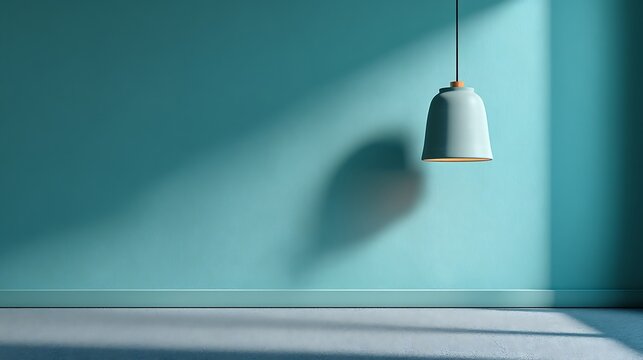 Soft pastel wall with a single hanging geometric lamp creating a calm modern layout for corporate presentation background, marketing visuals, and analytics template design