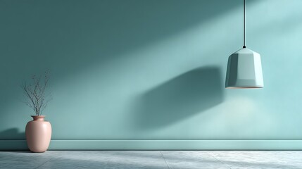 Large blank pastel wall with a single geometric hanging lamp forming a spacious clean layout for business presentation background, marketing template, and corporate dashboard design