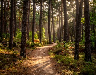 Obraz premium A sunlit trail winds through a vibrant forest scene