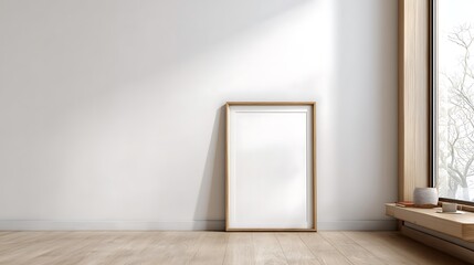 Fototapeta premium Single wooden empty photo frame on a large blank white wall in a minimal home interior with soft window light for spacious clean layout in corporate presentation, marketing, and analytics