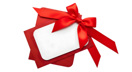 A red ribbon tied in a bow around a blank white gift tag, with red envelopes and glitter
