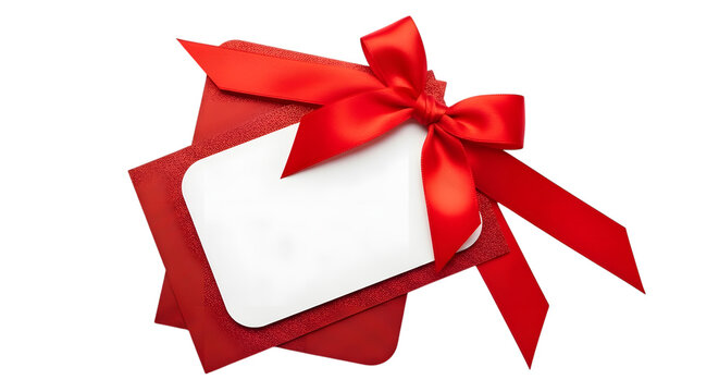 A red ribbon tied in a bow around a blank white gift tag, with red envelopes and glitter - Powered by Adobe