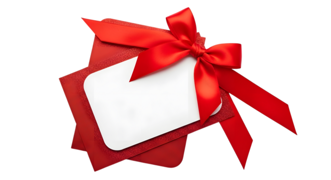 A red ribbon tied in a bow around a blank white gift tag, with red envelopes and glitter