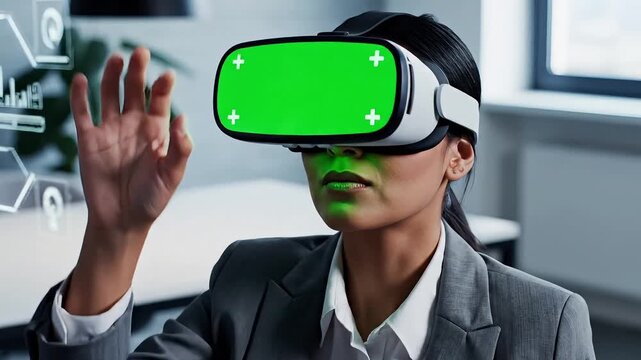 Experience virtual reality innovation with a businesswoman wearing a VR headset in a modern office, exploring digital worlds and immersive tech