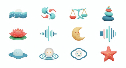 Fototapeta premium A charming collection of peaceful nature and abstract balance illustrations, symbolizing harmony, tranquility, and well-being through soft, textured icons.