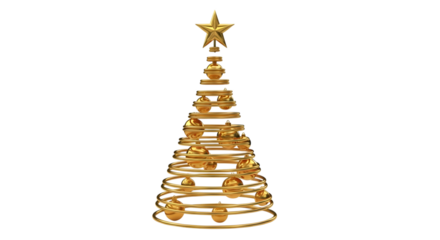 A stylized golden christmas tree made of concentric rings and spheres, topped with a star