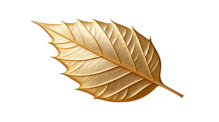 A beautifully detailed golden holly leaf with a shimmering metallic texture and intricate veins rendered as a decorative element against a black and white background
