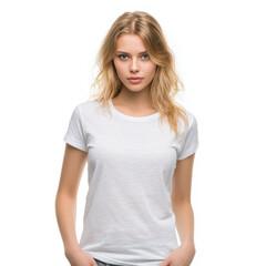 Fototapeta premium Caucasian woman in white t-shirt posing casually against white background, symbolizing simplicity, elegance modern lifestyle. Perfect for fashion advertising themes.