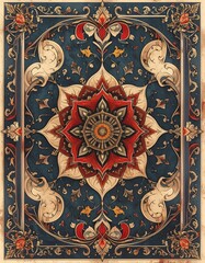 Ornate, symmetrical design features a central floral motif with intricate patterns on a dark blue background
