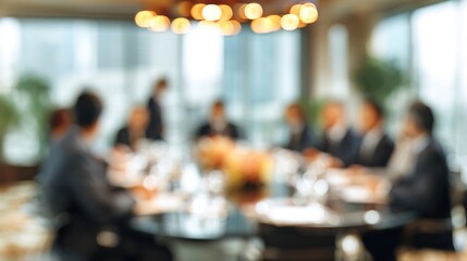Business Roundtable Blur: A business roundtable setup with executives and round table discussion, softly blurred to emphasize strategic planning and collaborative decision-making. High quality