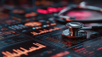A stethoscope rests on a screen showing data, highlighting medical technology and analysis - Powered by Adobe