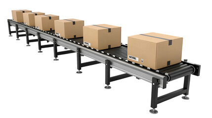 A line of sealed cardboard boxes travels along an automated conveyor belt system illustrating logistics and distribution processes