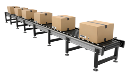 A line of sealed cardboard boxes travels along an automated conveyor belt system illustrating logistics and distribution processes