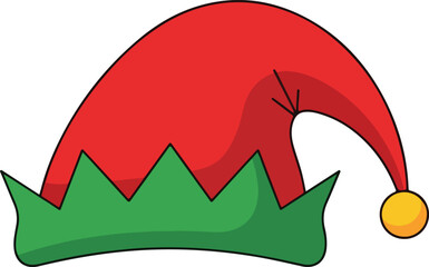 Red elf hat with green trim isolated on transparent background
