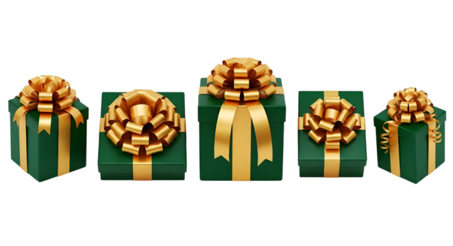 Five green gift boxes with gold ribbon and bow
