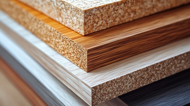 Samples of laminated chipboard showing different textures and colors