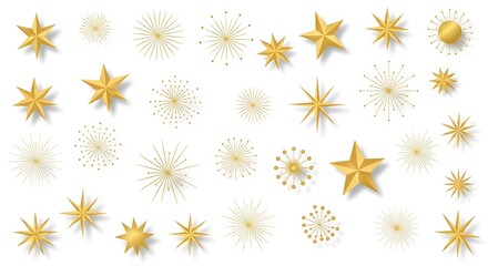 Collection of shiny golden stars and radiant starbursts against white background