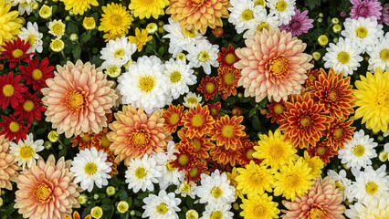 Beautiful seamless floral pattern of yellow daisies and colorful spring flowers blooming from above