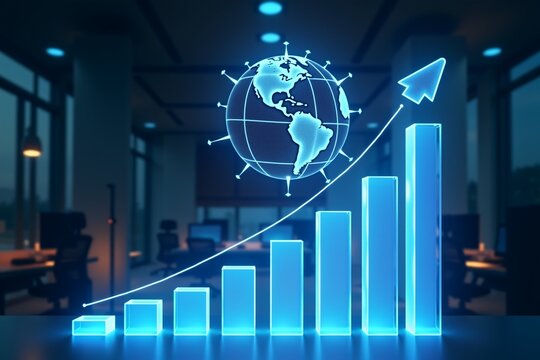 Global growth trend: glowing blue bars rise alongside Earth globe, symbolizing worldwide business expansion and digital success.