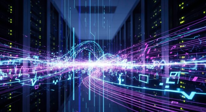 Data Flow: A visually stunning representation of data coursing through a server room, with vibrant, glowing lines illustrating the complex network.
