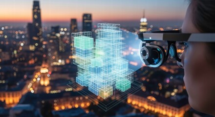 Digital Vision in the Metropolis: A person experiences augmented reality through advanced eyewear, layering digital information onto a vibrant cityscape.