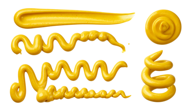 Glossy Yellow Mustard Smears in Decorative Curves and Waves, Isolated on Transparent Background PNG