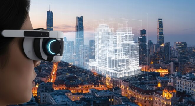 Future Sight: A person dons augmented reality glasses, blending the tangible cityscape with digital architectural schematics, visualizing a vision of tomorrow.