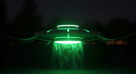 Mysterious UFO hovering over a dark landscape with vibrant green lights and beams