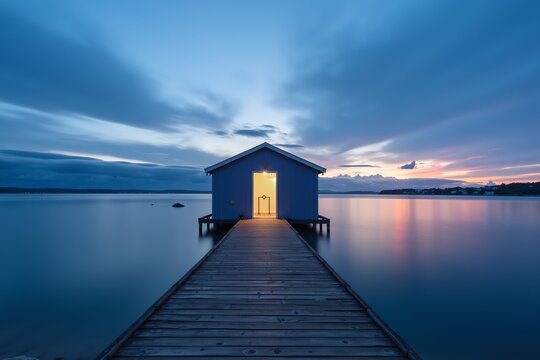 Dusk over calm sea, wooden pier leads to glowing cabin. Soft blues and warm light contrast serene horizons fading sunset glow.