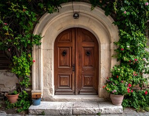 Wooden double doors set into an arched stone doorway, framed by lush green vines and red flowering plants