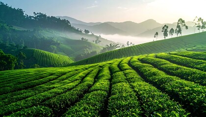 Rolling hills of tea plantations basking in sunlight, with fog-filled valleys, creating a lush, serene landscape