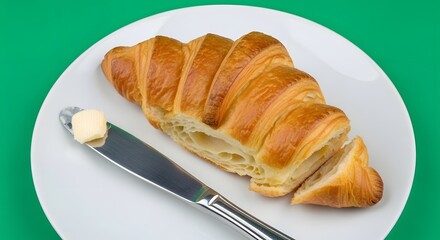 A freshly baked croissant partially sliced on a white plate with a butter knife and a small piece of butter, set against a vibrant green background