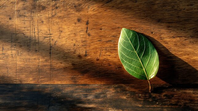 Minimal wooden surface with a flat green leaf casting a soft shadow in warm morning light for business presentation background, marketing template, and modern analytics dashboard layout