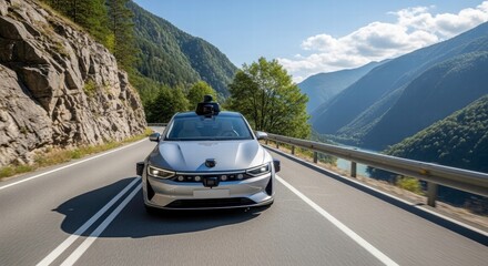 Scenic Road Adventure: A sleek, modern vehicle cruises along a scenic mountain road, capturing the essence of exploration and the joy of the journey. The vehicle with sensors.