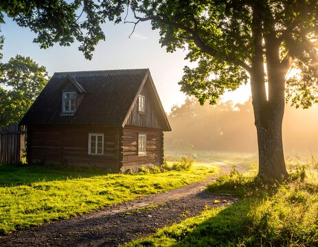 Wooden cabin nestled near a winding dirt road and a large oak tree, illuminated by the warm glow of the morning sun - Powered by Adobe
