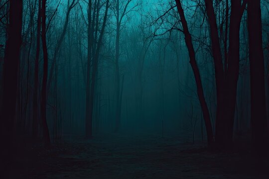 Eerie, foggy forest at twilight, silhouettes of trees - Powered by Adobe