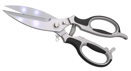 Precision stainless steel kitchen shears with comfortable black grips and a robust spring mechanism for efficient cutting, expertly isolated on a clean transparent background